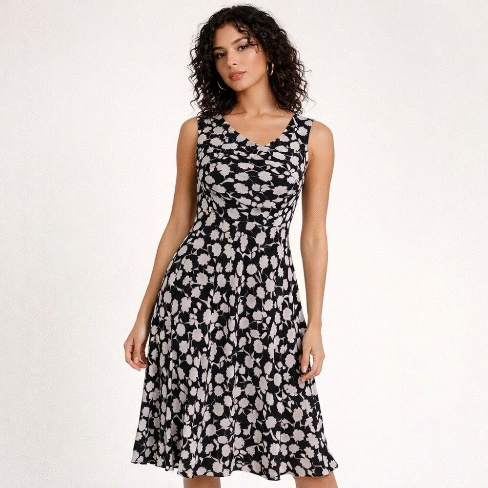 Adrianna Papell Dress Black White Floral Fit & Flare Cowl Neck Size 6